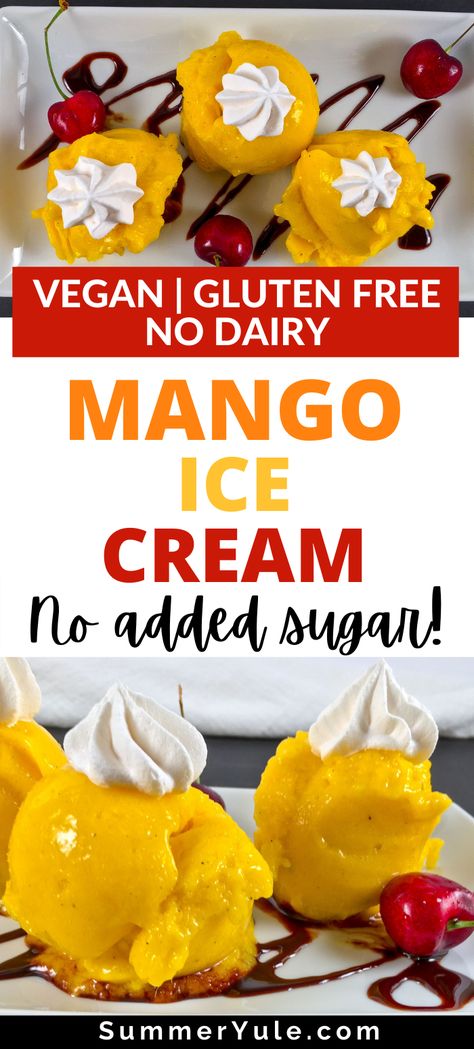 This mango nice cream recipe is a nice alternative to ice cream because it contains no added sugar! See how easy it is to create a simple frozen mango dessert with little more than a food processor and frozen fruits. This recipe is dairy-free, added sugar-free, and scoops nicely. Save your overripe mangos to make this cooling dessert that goes perfectly with your favorite ice cream toppings. #healthyrecipes #vegan #glutenfree #healthysnack #healthysnacks #vegetarian #mango #dairyfree #nodairy Frozen Mango Dessert, No Sugar Ice Cream, Sugar Free Sorbet, Mango Ice Cream Recipe, Non Dairy Ice Cream, Ice Cream Alternative, Nice Cream Recipe, Healthy Ice Cream Recipes, Plantbased Recipes