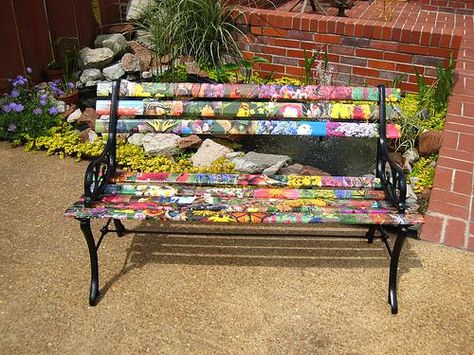 painted yard bench | Unique Wooden Bench Decorating Ideas to Personalize Yard Landscaping ... Yard Benches, Outside Benches, Painted Benches, Window Seat Design, Wooden Garden Benches, Bench Decor, Painted Chairs, Wooden Bench, Wooden Garden