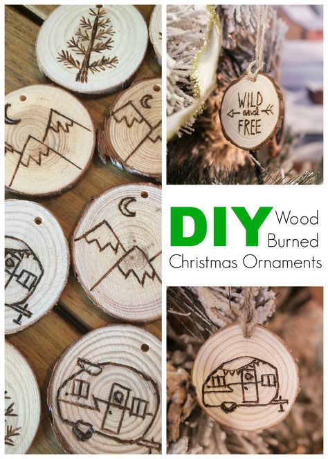 DIY Wood Burned Log Slice Ornaments - Cassie Bustamante Woodburn Ornaments, Diy Wood Burning, Wood Burned Christmas, Rustic Accessories, Christmas Trinkets, Log Slice, Wood Burning Tool, Wood Slice Crafts, Woodburning Projects