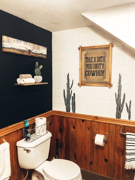 Love how my southwest/cowboy themed bathroom turned out! Arizona Bathroom Ideas, Small Bathroom Western Decor, Western Cowboy Bathroom Ideas, Cowboy Theme Bathroom, Western Kids Bathroom, Western Home Style, Cowboy Bathroom Ideas, Desert Bathroom Ideas, Western Trailer Decor