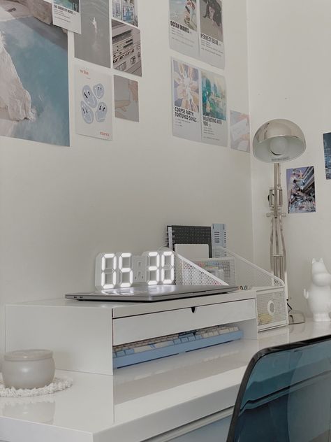 Get your own digital alarm clock <3 #desktop #walldecor #aesthetic #whiteaesthic #anime #kpop #minimalist #babyblue #keyboard #bts #blackpink #tiktok #organizing #books #study #studying #korean #japanese #digitalwatch #relaxing #aestheticallypleasing #moomin #asilentvoice #tidy #cleandesk #languagestudy Led Clock Aesthetic, Clock For Study Table, 5:30 Am Alarm Clock Aesthetic, Anime Clock Aesthetic, Study Clock Aesthetic, Study Clock, Moomin Bedroom, Tidy Aesthetic Room, Minimalist Desk Aesthetic