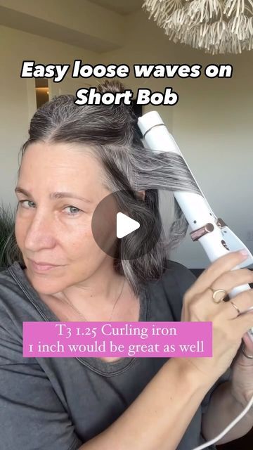 Kim Laughren on Instagram: "My go to 5 minute lived in curls!  These loose waves are my favorite. The more lived in the better!  Curl, twist and pull through💗  Pro tip * - if you leave the curling iron too long on your hair just pull it straight or glide the curling iron over top and it will smooth it out. Finish off with a texture spray  I’m using a T3 1.25 inch curling iron.  Keep your temp in the middle, not too hot I hope you found this helpful and let me know how it works for you..  ➡️Comment “T3” if f you’d like the link   ✔️Like and follow for easy mature skin makeup tips and some easy hair tutorials!  #shorthaircurls #shorthairstyle #shortbob #loosewave #shorthairlove #beachwaveshair #shorthairtutorial #fabulousover50 #chicover50 #shorthaircut #hair #hairstylingtutorial #shorthair Straight Hair With Bottom Curls, 1.25 Inch Curling Iron, Curling Iron Bob Hairstyles, How To Curl Back Of Short Hair, T3 Curling Iron Tutorials, How Do You Curl Short Hair, Curling Iron Tutorial Short Hair, How To Get Voluminous Curls, Waves On Shoulder Length Hair