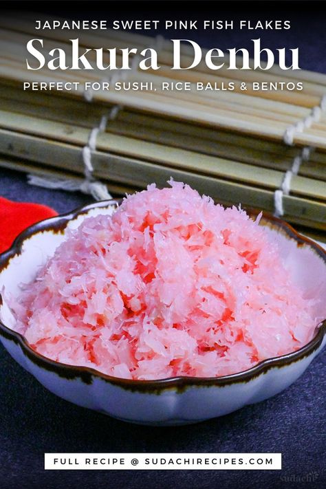 Homemade sakura denbu Japanese pink fish flakes in a white bowl with brown rim Sushi Rice Balls, Sushi At Home, Pink Food Coloring, Pink Fish, How To Make Sushi, Sushi Recipes, Rice Balls, Sushi Rice, New Flavour