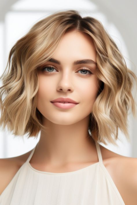 An inverted bob with beachy waves is the epitome of beach chic. This hairstyle gives you a relaxed yet sophisticated look that’s perfect for both work and play. Click here to check out more trending short wavy bob haircut ideas for 2023. Beach Waves Short Hair Wedding, Wavy Blonde Bob Hairstyles, Short Hairstyle Beach Waves, Beach Waves Bob Hair, Beach Wavy Hair Short, Bob Beach Waves Short, Wavy Bob Haircuts Thick Hair, Short Bob Curled Style, Beach Bob Hairstyles