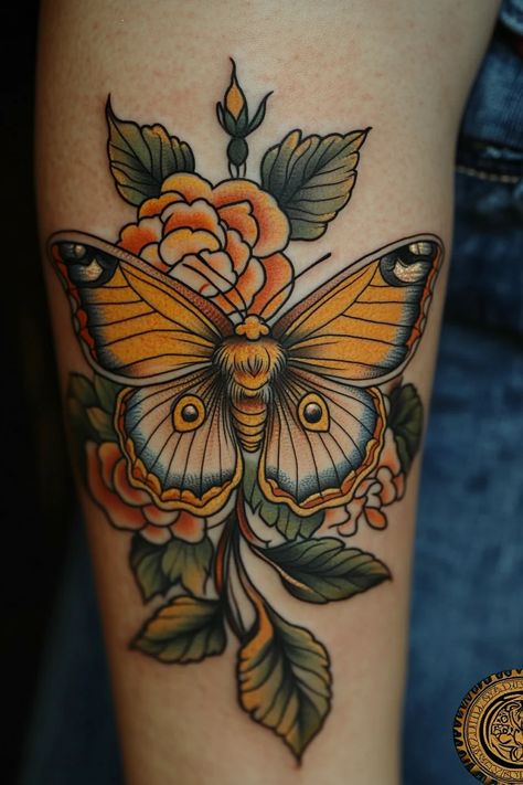 Moth Tattoo Design Color, Moth Hand Tattoos For Women, Traditional Moth Tattoo Color, Pink Moth Tattoo, Moth Forearm Tattoo, Neotraditional Moth Tattoo, American Traditional Moth Tattoo, Butterfly And Moth Tattoo, Moth Tattoos For Women