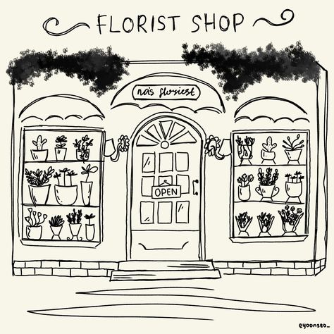 florist shop, coret coret, ibispaintx Flower Shop Doodle, Florist Shop Drawing, Flower Shop Sketch, Florist Drawing, Flower Shop Drawing, Whimsical Art Journal, Graphic Design Cards, Diy Journal Books, Florist Shop