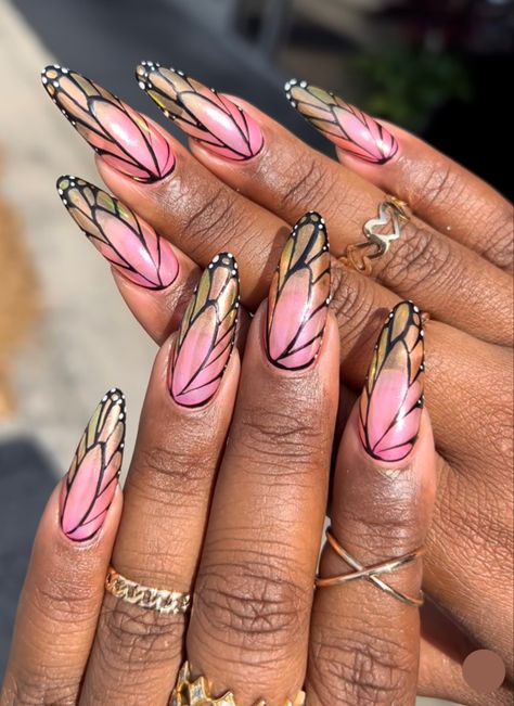 Neutral Butterfly Nails, Trending Acrylic Nails 2024, Fairy Wing Nail Art, Butterfly Prom Nails, 2024 Trend Nails, Butterfly Nails Square, Fairy Wing Nails, Butterfly Pink Nails, Butterfly Almond Nails