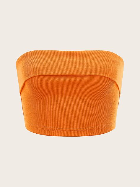 Orange Casual Collar Sleeveless Knitted Fabric Plain  Embellished Slight Stretch  Women Clothing Orange Tube Top, Black Tube Tops, High Leg Swimsuit, Hype Clothing, Shein Icon, Dress Appropriately, Fairy Fashion, Cute Preppy Outfits, Orange Top