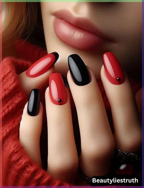 Trendy Nails Red And Black, Red And Black Nail Art, Black And Red Nail Designs, Nails Black And Red, Red And Black Nail Designs, Fanfic Outfits, Unique Acrylic Nail Designs, Red Black Nails, Black Tips