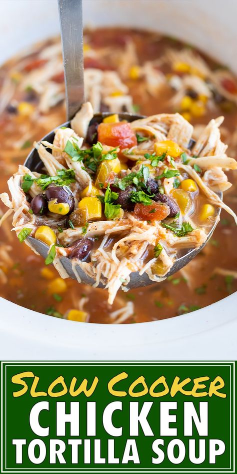 Slow Cooker Chicken Tortilla Soup is the best healthy Crock-Pot soup recipe that is quick and easy to make. This authentic Mexican tortilla soup recipe is topped with tortilla chips and creamy avocado for an easy weeknight dinner. #chicken #crockpot #tortillasoup #soup #slowcooker #dinner Slow Cooker Kip, Soup Recipes Healthy Crockpot, Mexican Tortilla Soup, Healthy Crockpot Soup, Slow Cooker Chicken Tortilla Soup, Mexican Tortilla, Chicken Tortillas Soups Recipe, Easy Slow Cooker Chicken, Tortilla Soup Recipe