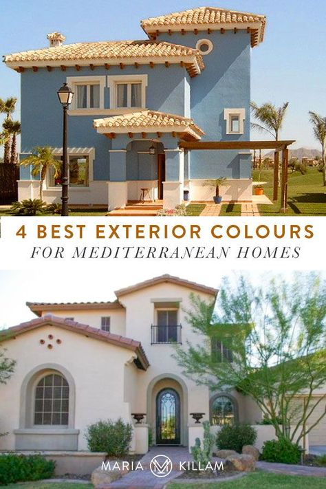 Most Mediterranean style homes have very specific details that work better with certain exterior colours and look terrible with other colours. With this style of home, it’s more important to consider the architecture when choosing exterior colour. Here are the 4 best exterior colours for a Mediterranean style house. Spanish Mediterranean Homes Exterior, House Design Coastal, Modern Mediterranean Exterior, Home Exterior Decor, Home Decor Exterior, Spanish Style Home Exterior, Mediterranean House Design, Spanish Exterior, Mediterranean Homes Exterior