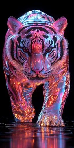 ↑↑↑ Larger size on website 🔸 A tiger rendered in a shimmering, iridescent metallic finish walks across a glossy surface. The tige Glowing Blue Eyes, Neon Animals, Lion Live Wallpaper, Cats Family, Cheetah Print Wallpaper, Doom Eternal, Tiger Wallpaper, Phone Wallpaper Pink, Animal Print Wallpaper