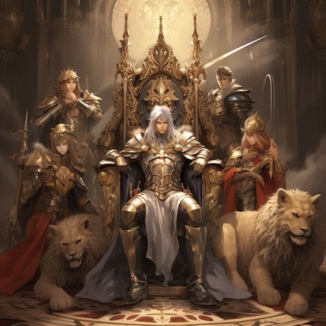 Kings Throne, King In Throne, King On The Throne Art, King Sitting On Throne Drawing, King On A Throne Art, Lion Knight Fantasy Art, King On Throne, Golden Lions, King Power