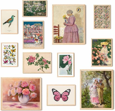 PRICES MAY VARY. Vintage Coquette Decor Aesthetic (Wall Decor Aesthetic): This set of unframed maximalist decor combines elements such as plants, flowers, birds, women portraits, floral, butterflies, forests, landscapes, nature, etc. This vintage cottagecore decor set can add an elegant and maximalist artistic atmosphere to your room, making your home more unique and distinctive. This floral wall art aesthetic set will complement any interior design. Premium Quality Decor (Set Of 12 Unframed): T Picture For Bathroom, Dorm Gallery Wall, College Apartment Wall Decor, Gallery Wall Examples, Gallery Wall Template, Pink Dorm Rooms, Green Room Decor, Gallery Wall Frame Set, Pink Dorm