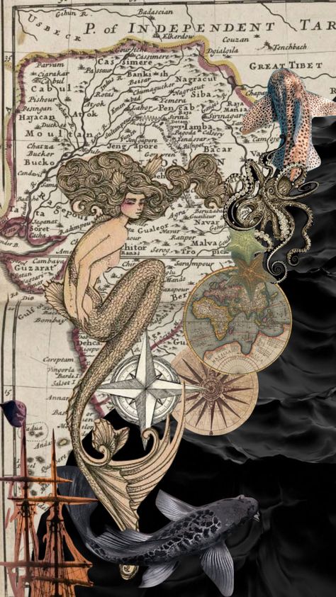 Mermaid Collage, Treasure Aesthetic, Mermaid Pirate, Mermaid Journal, Pirates Treasure, Map Collage, Maps Aesthetic, Vintage Moodboard, Navi A Vela