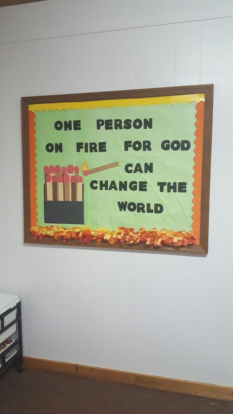 Camp Fire Bulletin Boards, Bonfire Missions Vbs, Fire Bulletin Board, Camp Firelight Vbs Decorations, Camp Firelight Vbs, Christian School Bulletin Boards, On Fire For God, Camping Bulletin Boards, Sunday School Themes