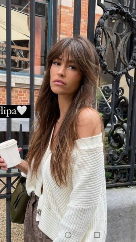 2023 Hair Trends For Women Fringe, The French Fringe, Wavy Long Bangs, Long Hair With Whisky Bangs, Fringe Long Hairstyles, Whispy Front Bangs Long Hair Layers, Long Brown Hair With Fringe, Long Hair And Fringe, Paris Casual Street Style