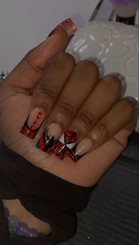 #spiderman #spidermannails #nails #acrylics #spidermanfarfromhome Short Acrylic Spider-man Nails, Spider Man Nails Short Square, Short Acrylic Nails Spiderman, Spiderman Nails Acrylic Short, Spider Man Short Nails, Short Spider Man Nails, Nail Designs Spiderman, Short Spiderman Nails, Spiderman Nails Short