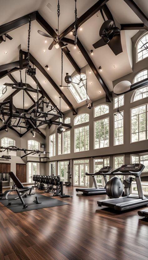 Big Home Gym, Barn Gym, Commercial Gym Design, Garage Gym Ideas, Airy Home, Pilates Cardio, Home Gym Inspiration, Gym Lighting, Exercise Machines