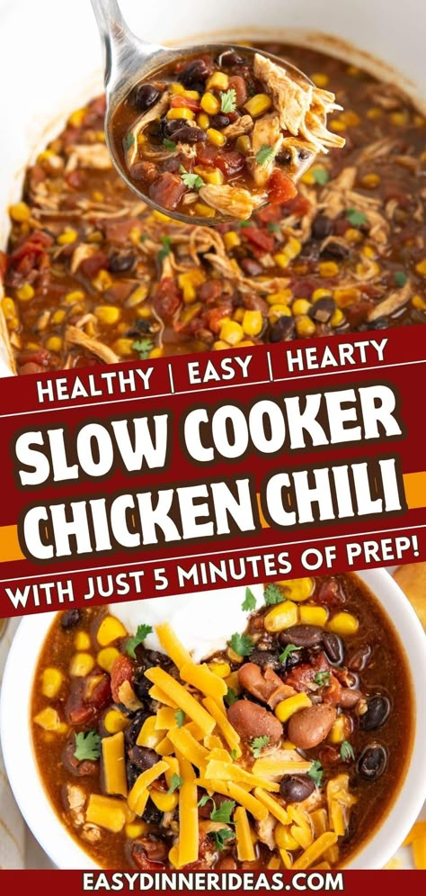 Tender and juicy chicken with hearty beans, rich tomatoes and tender veggies make this hearty crockpot chicken chili a must-make dinner. The slow cooker gives this healthy chili a deep and complex flavor, but it’s super easy to make with just 5 minutes of prep! Weight Watchers Chicken Chili Crockpot, Chicken Chilli Recipes Crockpot, Crockpot Chicken Chili Recipes Healthy, Slow Cooker Chili Recipes, Healthy Crock Pot Meals Clean Eating, Southwest Chicken Chili Crockpot, Chicken Taco Chili Crockpot, Crockpot Chicken Chilli, Easy Chicken Chili Crockpot