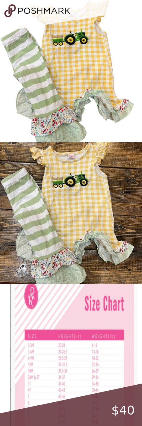 RicRac & Ruffles tractor Capri Tunic set Size 5 5 year Yellow Gingham, Pants Short, Ric Rac, Gingham Print, Knit Crop, Striped Pants, Cotton Knit, Ruffle Hem, Short Pants