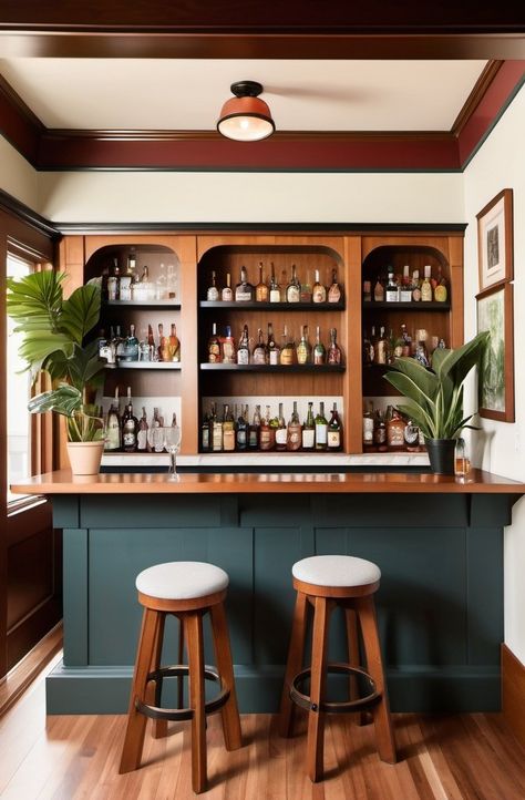 Den With Bar Area, Event Space Kitchenette, Mid Century Modern Basement Bar, Bars In Basement Ideas, Conservatory Bar Ideas, Mid Century Bar Design, Indoor Bar Ideas Houses, Back Bar Ideas, Moody Home Bar