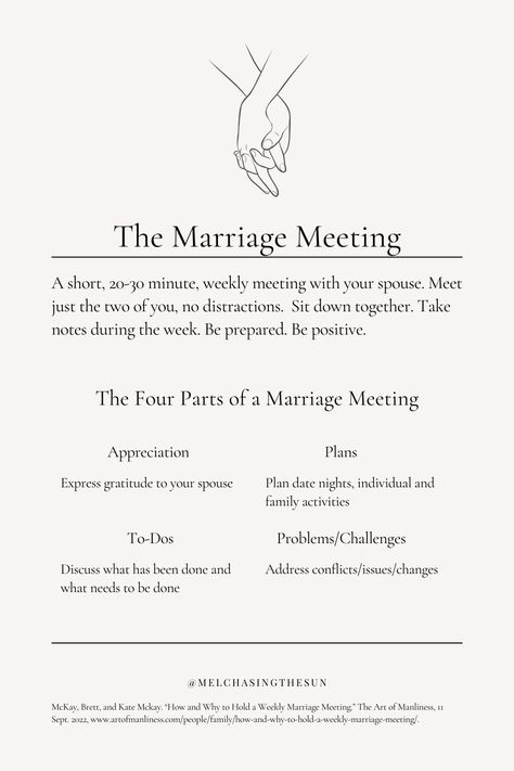 "If you want to plan and tackle life’s greatest adventures side-by-side, you’ve got to stay in-sync and work as a team. How do you do that? The marriage meeting." Weekly Marriage Meeting, Weekly Marriage Check In, Marriage Meeting Agenda, Marriage Planning, Marriage Meeting, 2024 Manifestation, Romantic Questions, Meeting Agenda, Relationship Stuff