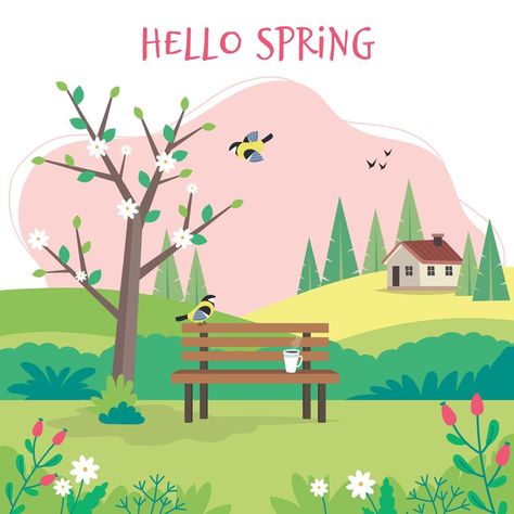 Landscape With Bench, Spring Design Graphic, Cute Vector Illustration, Wedding Artwork, Window Illustration, Graphic Design Portfolio Inspiration, Kids Room Murals, Enjoying Nature, Spring Illustration