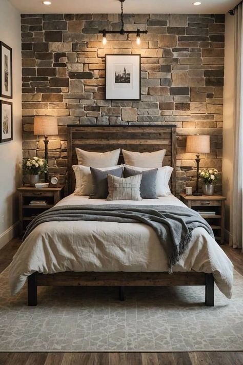 Wooden Bed Design Rustic, Master Room Bed Design Ideas, Modern Rustic Bedroom Design, Stone Wall In Bedroom, Stone Accent Wall Bedroom, Rustic Small Bedroom Ideas, Rustic Master Bedrooms Farmhouse, Bedroom With Stone Wall, Rustic House Bedroom