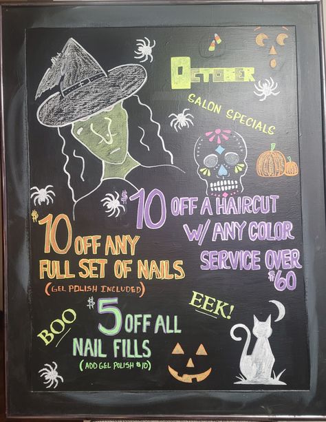 October Salon Chalkboard Mane Magic, Halloween Chalkboard, Diy Chalk, Nail Services, Chalkboard Sign, Chalkboard Signs, Med Spa, Bullet Journal Inspiration, Board Ideas