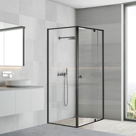 Black Bathroom Storage, Semi Frameless Shower, Black Bathroom Floor, Frameless Shower Screen, Dark Bathroom Ideas, Wall Hung Bathroom Vanities, Bathroom Design Black, Modern Style Bathroom, Black Bathroom Accessories