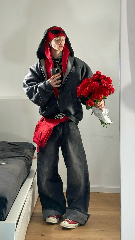 Outfits With Red Converse Men, Streetwear Red Outfit, Red Y2k Outfit Men, Spiderman Beanie Outfit, Valentine Outfits Men, Spiderman Hoodie Outfit, Winter Outfits With Hoodies, Men’s Valentines Outfit, Valentines Outfit Men