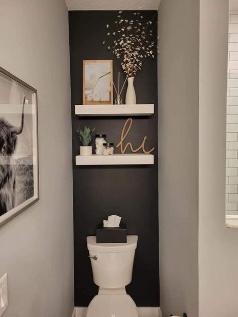 Bathroom Wallpaper Ideas Accent Wall, Accent Wall Small Bathroom, Bathroom Wallpaper Ideas, Bathroom Redecorating, Half Bathroom Decor, Toilet Room Decor, Small Toilet Room, Powder Room Decor, Home Decor Bathroom