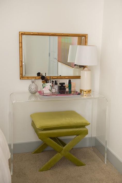 Clear Acrylic Make Up Vanity with Green X Stool, Transitional, Bedroom Girly Apartments, Transitional Bedroom, Apartment Style, Apartment Decor Inspiration, House Room, Apartment Inspiration, Pictures Ideas, Apartment Room, Photos Ideas