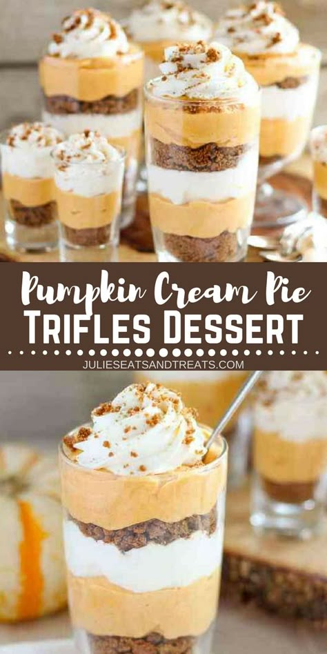 Looking for easy desserts for pumpkin lovers? Make this Pumpkin Cream Pie Trifles Dessert. Pumpkin cream cheese filling layered with whipped cream and crushed gingersnap cookies. Similar to pumpkin pie and pumpkin cheesecake, you will love this no-bake dessert perfect for Thanksgiving! Add this to your quick and easy no bake desserts board. #pumpkin #dessertfoodrecipes #nobake Pumpkin Trifles, Pumpkin Trifle, Desserts Pumpkin, Pumpkin Cream Pie, Dessert Thanksgiving, Dessert Pumpkin, Gingersnap Cookies, Mason Jar Desserts, Pumpkin Cream Cheese