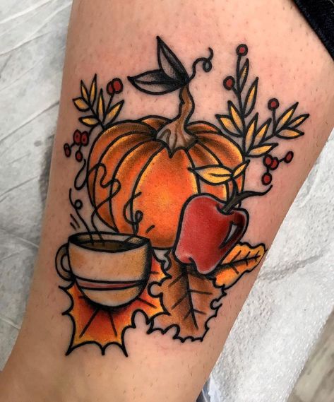 Fall Tattoos, Acorn Tattoo, Halloween Tattoo Ideas, Pumpkin Tattoo, Autumn Tattoo, Theme Tattoo, Spooky Tattoos, Halloween Tattoo, Most Popular Tattoos