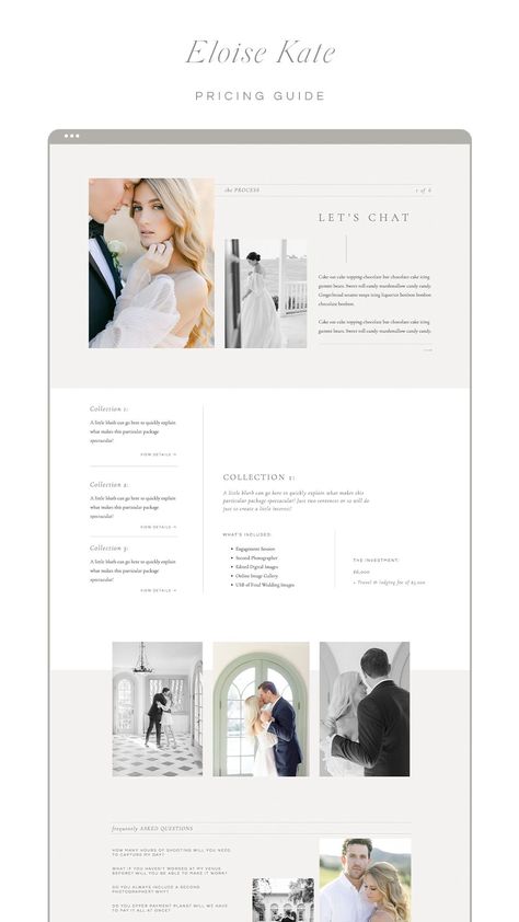 Wedding Pricing Guide Photography, Website Packages Pricing, Wedding Guide Template, Wedding Packages Template, Wedding Venue Packages Template, Photographer Welcome Guide, Branding Packages Pricing, Showit Templates For Photographers, Wedding Price List