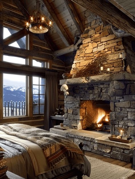 Rustic Bedroom Design: Stone Fireplace and Wooden Architecture Chalet Modern, Cabin Fireplace, Log Cabin Living, Log Cabin Ideas, Log Home Decorating, Rustic Homes, Dream Cabin, Guest Cabin, Fire Places