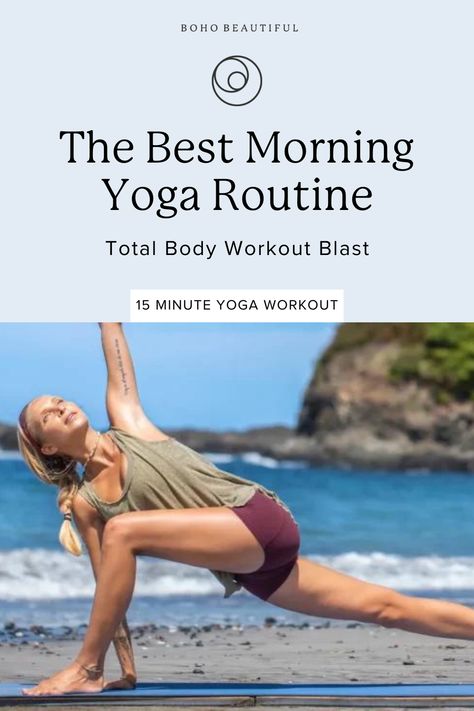 Do you need a quick morning routine to get the day started in a healthy way? This Boho Beautiful 15 Minutes morning yoga workout will teach you yoga poses that will hit and tone every section of your body in just 15 minutes. Click to start your beginner workout routine, with perfect sequences. A calming way to wake up the body through strength, power, and grace. Simple Morning Stretch Routine, 15 Minute Stretch Routine, Basic Morning Yoga Routine, Beginner Workout Routine, Full Body Yoga Workout, 10 Minute Morning Yoga, Morning Yoga Poses, 15 Minute Morning Yoga, Morning Yoga Workouts