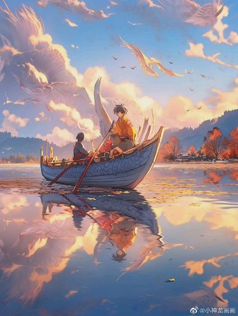 Anime, wallpaper ,boat ,sky,sea, References Drawing, Boat Drawing, Reflection Art, Boat Art, Art Diary, Anime People, Art Contest, Fantasy Concept Art, Environment Concept Art