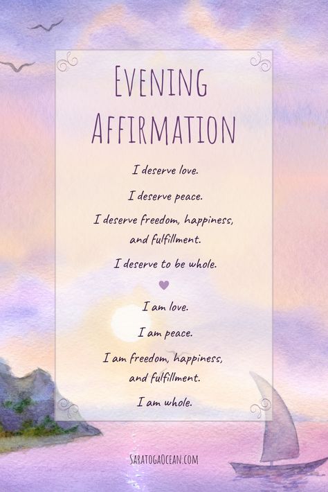 Say this affirmation to feel centered and whole. This affirms your worthiness for a beautiful experience of yourself and your life. Nightly Affirmations, Nighttime Affirmations, Evening Affirmations, Time Affirmations, Night Affirmations, Bedtime Affirmations, Evening Meditation, Manifestation Prayer, Evening Quotes