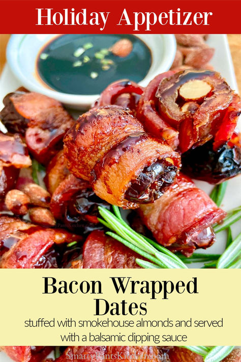 Bacon wrapped dates on serving platter. Bacon Wrapped Dates With Almonds, Bacon Wrapped Dates With Balsamic Glaze, Almond Stuffed Dates, Balsamic Dipping Sauce, Appetizer Sweet, Bacon Dates, Wrapped Dates, Stuffed Dates, Bacon Wrapped Dates