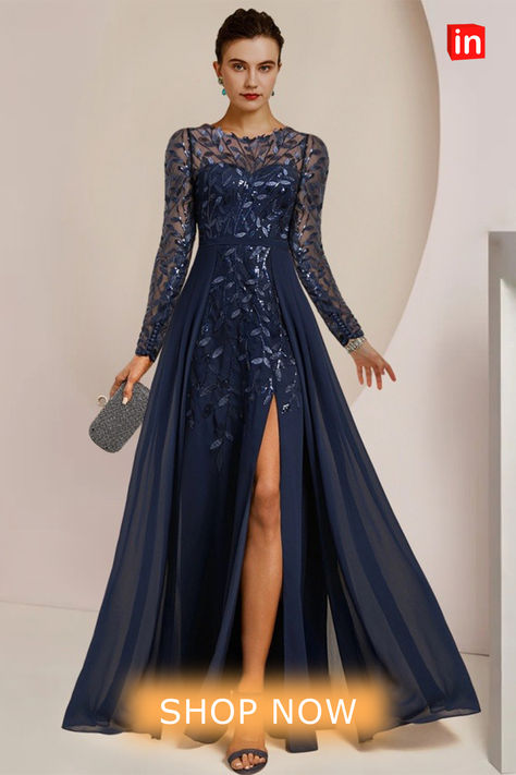 A-Line Mother of the Bride Dress Wedding Guest Elegant Jewel Neck Floor Length Chiffon Lace Sequined Long Sleeve with Split Front Ruching Solid Color 2024  #eveninggown #motherofthebridedress Formal Wedding Guests, Dress Wedding Guest, Sequin Evening Dresses, Chiffon Evening Dresses, Mob Dresses, Lace Evening Dresses, Mother Of The Bride Dress, Jewel Neck, Bride Dresses