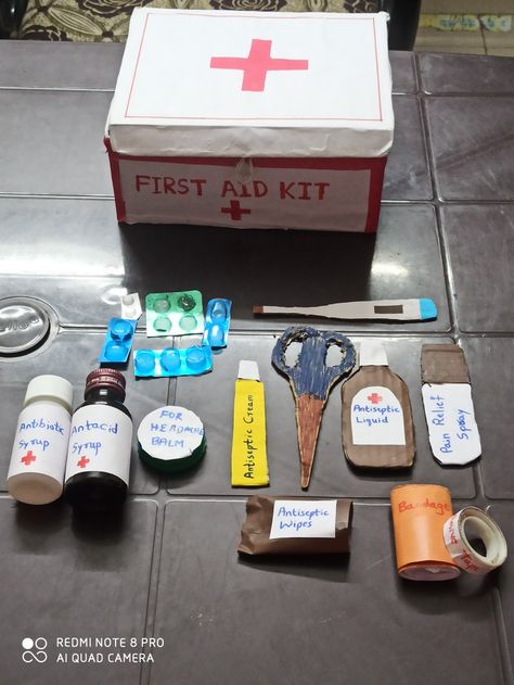 Hospital Crafts For Kids, First Aid Box Diy, First Aid Box Ideas, First Aid Kit Aesthetic, First Aid Kit Diy, First Aid Kit For Kids, Tlm Ideas, First Aid Kit Box, Science Exhibition Projects