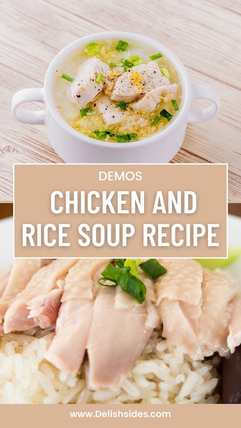 The pin showcases an inviting image of Demos Chicken and Rice Soup, highlighting its comforting and hearty nature. The box description entices users to indulge in this homemade soup, emphasizing the tender chicken, aromatic herbs, and wholesome vegetables that make it a comforting and nourishing dish. Demos Chicken And Rice Soup, Copycat Demos Chicken And Rice Soup, Demos Soup Recipe, Demos Chicken And Rice Soup Recipe, Miso Chicken, Chicken Cornbread, Rice Soup Recipes, Leftovers Soup, Chicken Rice Soup