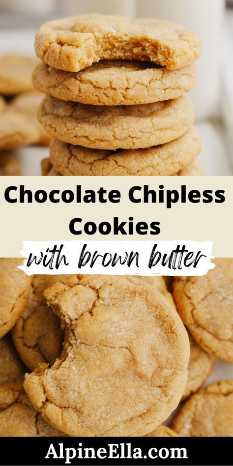 These buttery and soft chocolate chipless cookies are perfect for people who don't love chocolate or have any chocolate chips on hand! Made with brown butter, these cookies have a soft and chewy middle and crispy edges. Chocolate Dipped Chipless Cookies, Chocolate Chipless Cookies Recipe, Chocolate Bottom Cookies, Browned Butter Cookie Recipes, Chipless Chocolate Chip Cookie, Chocolate Chipless Cookie, Browned Butter Cookies, Chocolate Chipless Cookie Recipe, Chipless Cookies