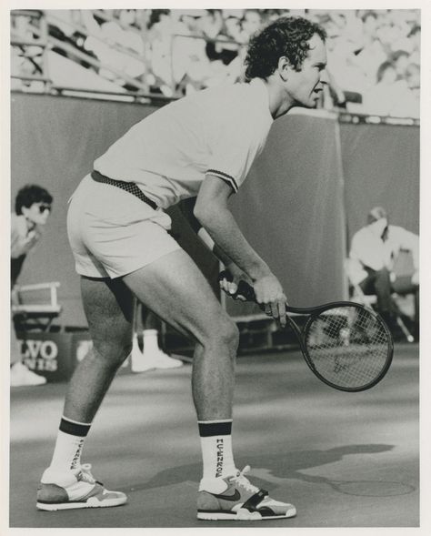 John McEnroe wears a prototype of the Nike Air Trainer 1, 1986. Nike Air Trainer 1, Tennis Rules, Jimmy Connors, Tennis Pictures, Tennis Serve, Nike Air Trainer, John Mcenroe, Tennis Equipment, Tennis Legends