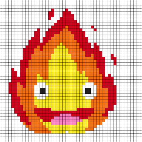 Calcifer Cross Stitch Pattern, Calcifer Alpha Pattern, Calcifer Perler Beads, Calcifer Cross Stitch, Calcifer Perler, Studio Ghibli Perler Bead Patterns, Calcifer Pixel Art, Kandi Cuffs, Cross Stitch Geometric