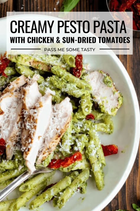 Creamy Pesto Pasta with Chicken & Sun Dried Tomatoes - A quick and easy 30-minute recipe with a creamy pesto sauce, chicken, sun dried tomatoes & parmesan. Gluten free. | passmesometasty.com #pasta #pesto #chicken #dinner #glutenfree Pesto Chicken Dinner, Chicken Sun Dried Tomatoes, Pesto Pasta With Chicken, Sundried Tomato Chicken, Creamy Pesto Pasta, Creamy Pesto Sauce, Pesto Tortellini, Pasta With Chicken, Pastas Recipes