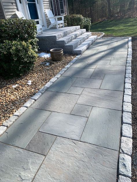 Before and After: 6 New England Homes Get a Boost of Curb Appeal With Natural Stone Hardscaping Pavers For Patio Outdoor Living, Natural Stone Walkway, Granite Patio, Paver Walkway Diy, Concrete Pavers Walkway, Front Walkway Landscaping, Bluestone Walkway, Front Door Landscaping, Grey Pavers